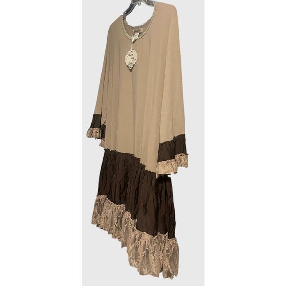PAISLEY VINE LONG SLV RND NECK MIDI BOHEMIAN DRESS, WOMENS, 2XL, TAN/BROWN, LACE - Picture 4 of 11